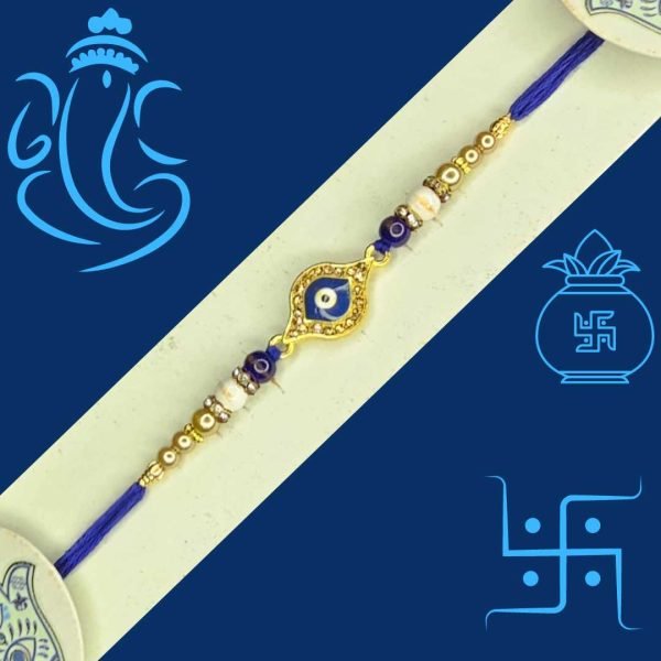 Blue Evil Eye Rakhi with Artificial Golden beads