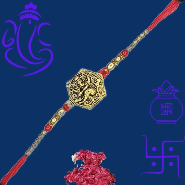 Antique Style Ganesha Rakhi with Red and Golden Beads