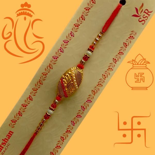 Elegant Red Rakhi with Gold and Pearl Beads
